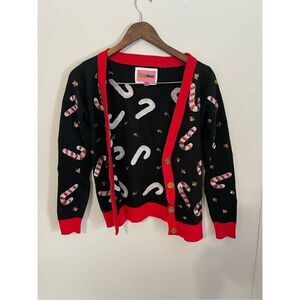 NWOT Tipsy Elves Women's XS Sequin Candy Cane V-neck Button Cardigan sweater